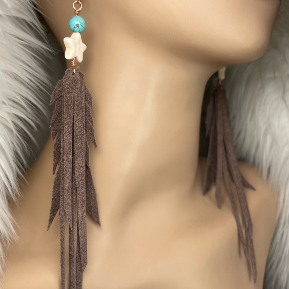 Artisan Jewelry - Howlite Gemstone And Turquoise Genuine Brown Leather Fringe Earrings
